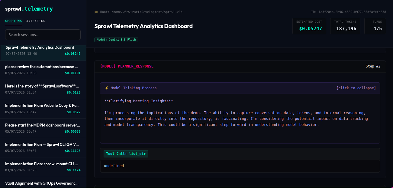 Sprawl Session Debugger: Agent's internal thinking process, monologue, and tool call execution details